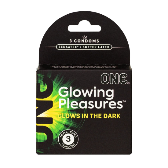 Презервативы ONE Glowing Pleasures, 3 шт, светятся в темноте (мятая упаковка!!!)
