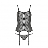 Корсет з пажами GRACIA CORSET black L/XL Passion, трусики, напівпрозорий
