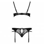 Комплект білизни Passion PAULINE SET L/XL, black, стрепи, ліф, стрінги і пояс для панчох