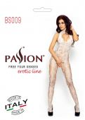 Бодістокінг Passion BS009 white, комбінезон, квітковий узор, декольте, закрите горло