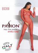 Бодістокінг Passion BS068 red, комбінезон, велика сітка, довгий рукав