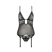 Корсет з декольте Passion ERZA CORSET XXL/XXXL, black, пажі, трусики, напівпрозорий