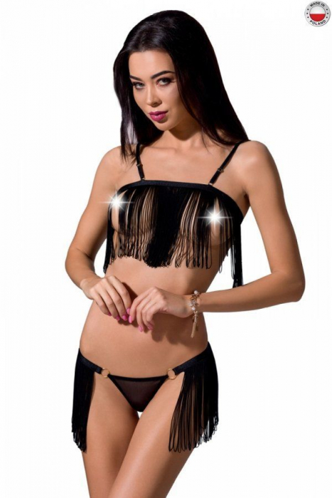 Комплект білизни Passion Exclusive KASSANDRA SET OpenBra L/XL black, ліф з бахроми, трусики-спідниця