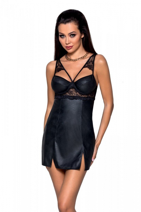 Бебі-дол з еко-шкіри та мережива Passion LOONA CHEMISE S/M, black