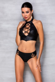 Комплект з еко-шкіри Passion NANCY BIKINI S/M, black, бра та трусики з імітацією шнурівки