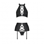 Комплект з еко-шкіри імітація шнурівки Passion NANCY SET XXL/XXXL black топ трусики пояс для панчіх