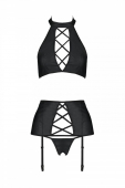 Комплект з еко-шкіри імітація шнурівки Passion NANCY SET XXL/XXXL black топ трусики пояс для панчіх