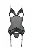 Корсет із підв’язками та ажурним ліфом Passion CHRISTA CORSET L/XL, black, стрінги в комплекті
