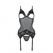 Корсет із підв’язками та ажурним ліфом Passion CHRISTA CORSET L/XL, black, стрінги в комплекті