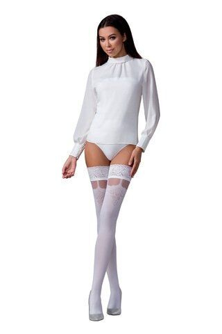 Панчохи Passion ST121 1/2 white на ажурній силіконовій резинці з квітковим орнаментом і вертикальним