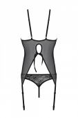 Корсет із пажами, трусики з ажурним декором та відкритим кроком Passion URSULA CORSET L/XL, black