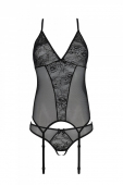 Корсет із пажами, трусики з ажурним декором та відкритим кроком Passion URSULA CORSET XXL/XXXL black