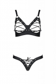 Комплект з екошкіри Passion CELINE BIKINI 4XL/5XL black, відкритий бра, стрінги зі шнурівкою