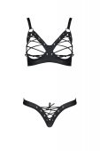 Комплект з екошкіри Passion CELINE BIKINI 6XL/7XL black, відкритий бра, стрінги зі шнурівкою