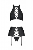 Комплект з екошкіри Passion NANCY SET 4XL/5XL black, імітація шнурівки, топ, пояс для панчіх