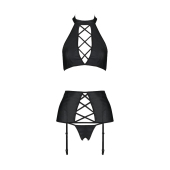 Комплект із екошкіри Passion NANCY SET 6XL/7XL black, імітація шнурівки, топ, пояс для панчіх