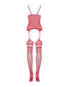 Бодістокінг Obsessive Bodystocking F214 red S/M/L, імітація корсета та панчіх на підв’язках