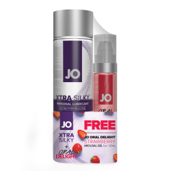 Розпродаж!!! Комплект JO Xtra Silky Silicone 120мл & Oral Delight Strawberry 30 мл термін 10.2025