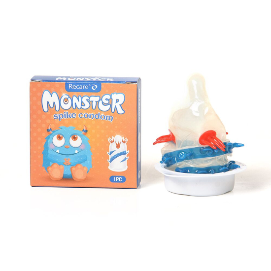 Насадка на член Recare Blue Monster Spike Condom (презерватив с усиками и спиралью шипов)