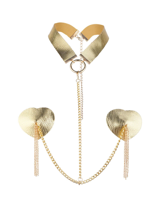 Пестис-сердечки с кисточками и чокером JSY Nipple Sticker RT236114 Golden
